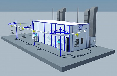 Окрасочно-сушильная камера тупикового типа SPK-15.5.5 для нефтепромыслового оборудования.